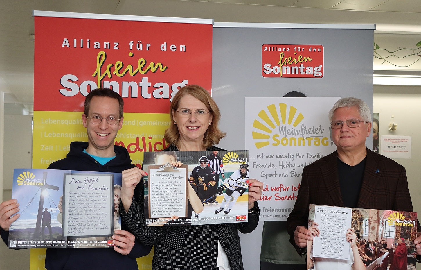 v.l.n.r: Philipp Kuhlmann - gewerkschaftl. Sprecher der Allianz für den freien Sonntag Österreich, Maria Etl – Koordinatorin der der Allianz für den freien Sonntag Österreich, Reinhard Bödenauer, Präsident der KA-Wien